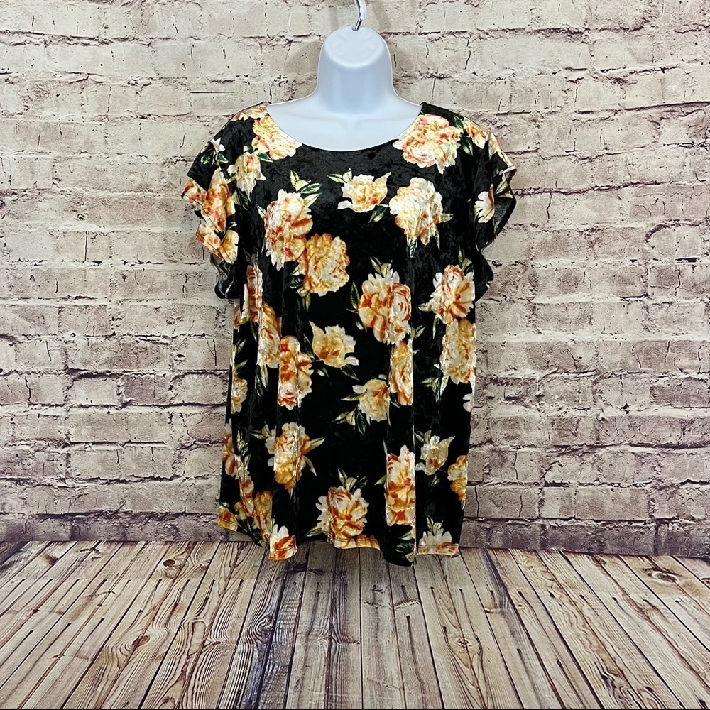 A.N.A Black Velour Floral Ruffle Shirt Sleeve Top